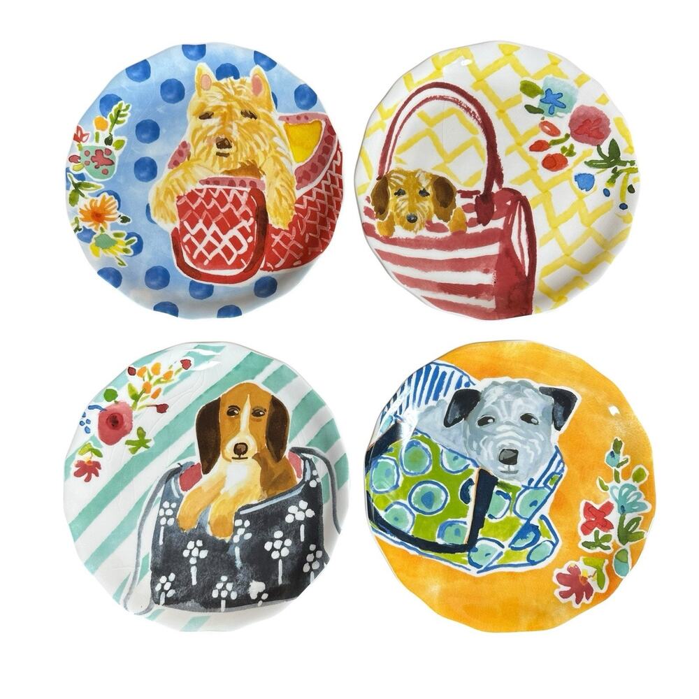 Pier 1 Dog Themed 8.5" Salad Plates w/ Colorful Designs Pups in Purses Set of 4